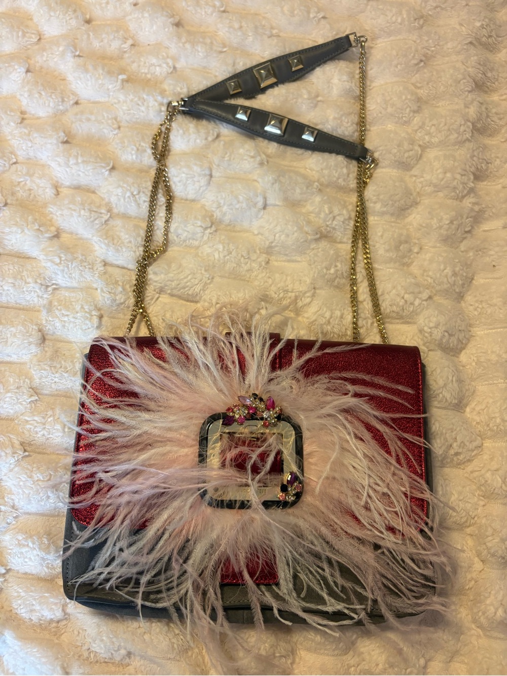 Patrizia Pepe Red and Pink Feather-Embellished Shoulder Bag